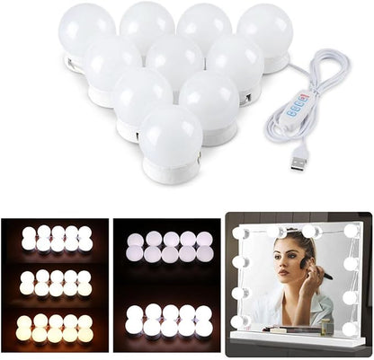 LED Vanity Lights for Mirror, Hollywood Style, 8 Lights | 10 Dimmable Bulbs, Adjustable Color & Brightness, USB Cable, Stick on for Makeup Table Dressing Room