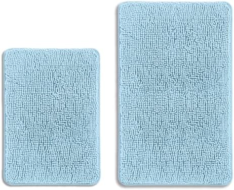 Light Blue Bathroom Rugs Sets 2 Piece – Absorbent and Washable Bath Mat, Non-Slip, Thick Soft Chenille Bath Rugs for Bathroom, Kitchen, Shower, Sink - 17" x 24"+20" x 32"