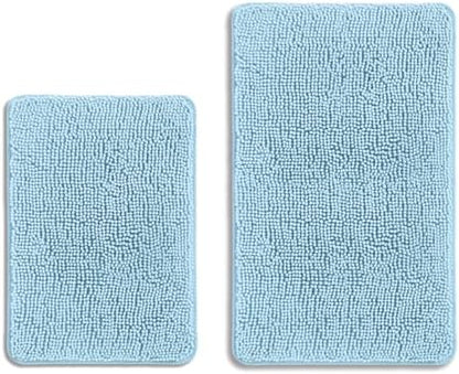 Light Blue Bathroom Rugs Sets 2 Piece – Absorbent and Washable Bath Mat, Non-Slip, Thick Soft Chenille Bath Rugs for Bathroom, Kitchen, Shower, Sink - 17" x 24"+20" x 32"