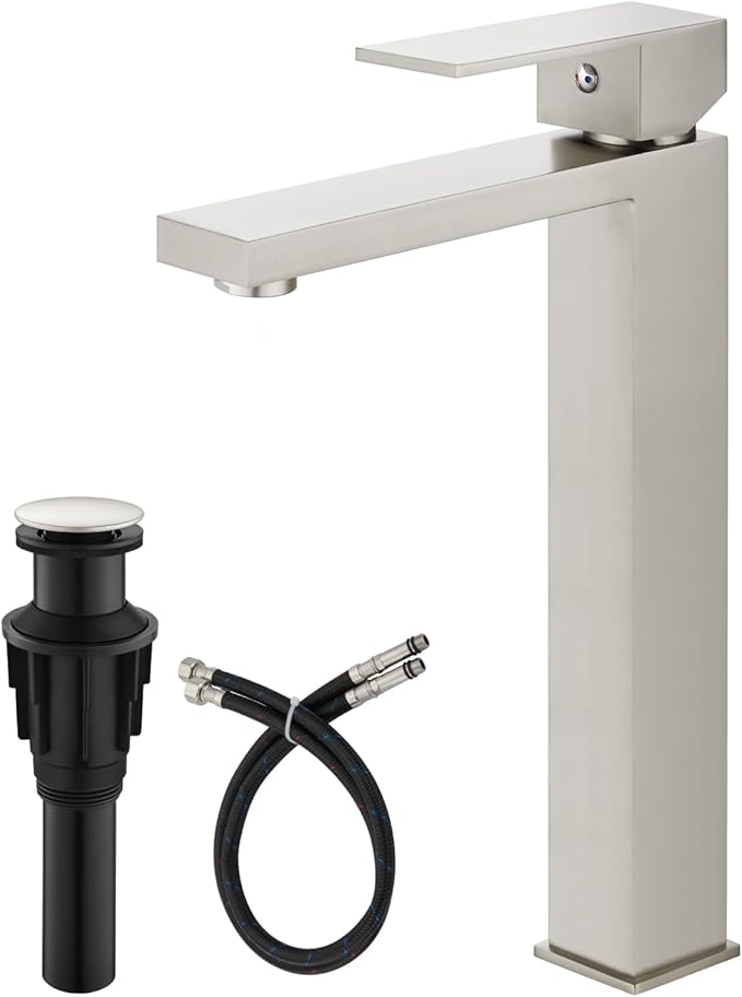 gotonovo Vessel Sink Faucet Single Handle Tall Bathroom Faucet One Hole Modern Lavatory Vanity Basin Mixer Tap Matching Supply Hoses and Pop up Drain Without Overflow, Brushed Nickel