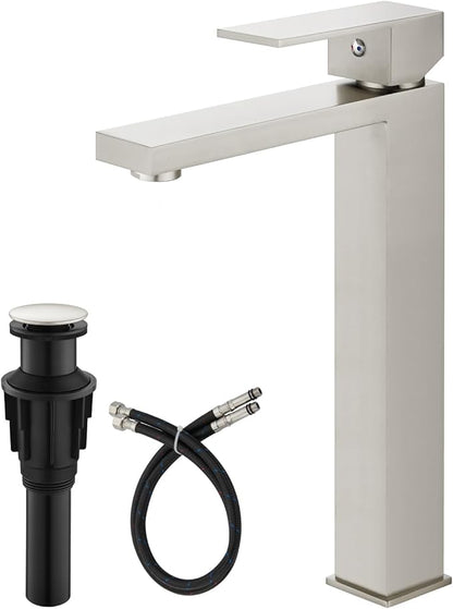 gotonovo Vessel Sink Faucet Single Handle Tall Bathroom Faucet One Hole Modern Lavatory Vanity Basin Mixer Tap Matching Supply Hoses and Pop up Drain Without Overflow, Brushed Nickel