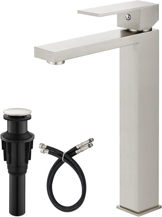 gotonovo Vessel Sink Faucet Single Handle Tall Bathroom Faucet One Hole Modern Lavatory Vanity Basin Mixer Tap Matching Supply Hoses and Pop up Drain Without Overflow, Brushed Nickel