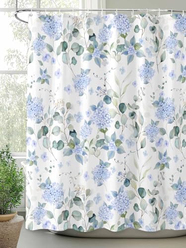 Shower Curtain Bathroom Set Summer Watercolor Blue Hydrangea Waterproof Fabric Shower Curtains with Grommets&Hooks Pastoral Eucalyptus Leaf Privacy Bath Curtain for Bathtub Decor 60x72IN