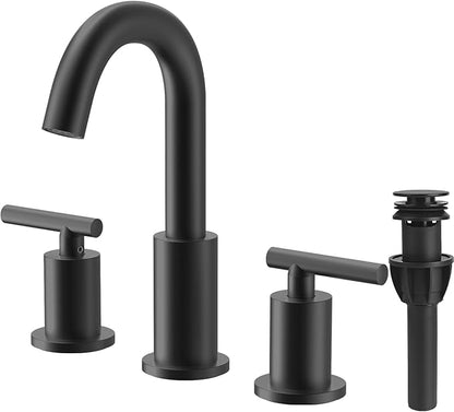 TRUSTMI 2 Handle 8-Inch Widespread Bathroom Faucet Matte Black 3 Hole Brass Bathroom Vanity Sink Faucet with 360° Swivel Spout, Include Overflow Drain and cUPC Supply Lines