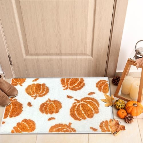 APROPHIC Fall Pumpkin Bath Mats for Bathroom, Thanksgving Super Absorbent Non-Slip Microfiber Shaggy Bath Rugs, Autumn Bathroom Mat for Shower, Tub, Sink, Decor, Machine Washable, 20x30 in, Orange