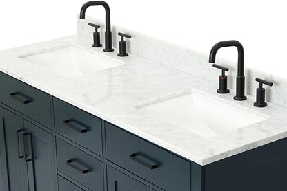 ARIEL Hepburn 60-inch Bathroom Vanity with Sink,Solid Wood, 0.75-inch Italian Carrara Marble Countertop, Double Rectangular Porcelain Sink, 4 Soft Closing Doors, 6 Dovetail Drawers, Midnight Blue