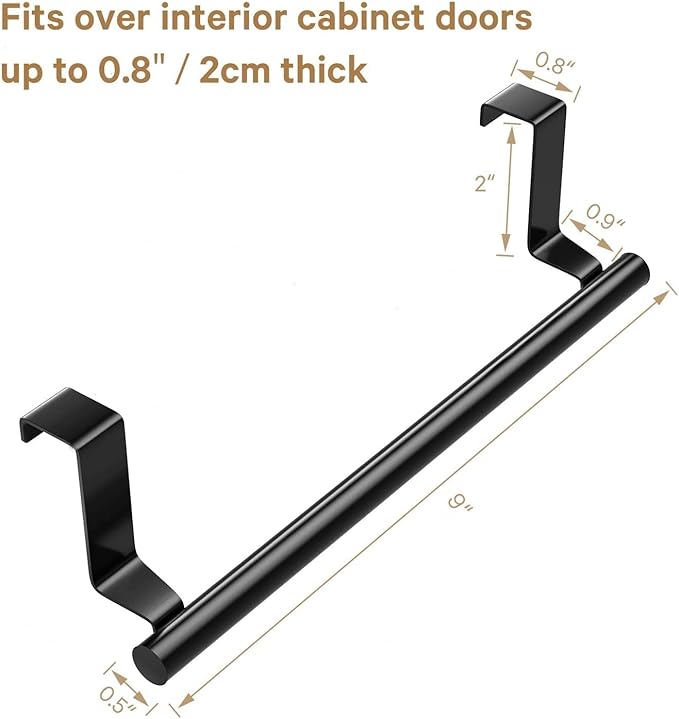 Over Cabinet Towel Bar, Stainless Steel Towel Holder, Black, 2 Pack | No-drill Over Cabinet Towel Rack, Rustproof Stainless steel, Scratch-resistant Foam Pads, Fits Doors Up to 0.8"