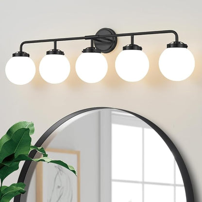 Bathroom Light Fixtures Over Mirror, 5-Light Matte Black Vanity Lighting with Milk White Glass Globe Shades Modern Wall Sconce
