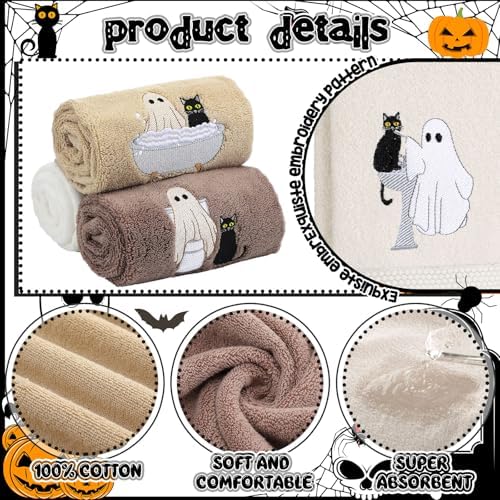 FuWeave 3 Pcs Brown Halloween Ghost Cat Hand Towels for Bathroom