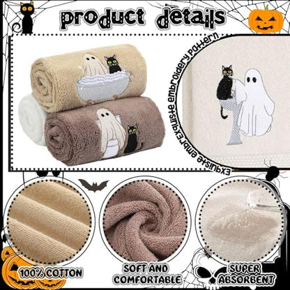 FuWeave 3 Pcs Brown Halloween Ghost Cat Hand Towels for Bathroom