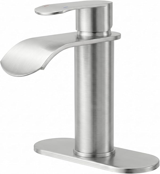 WOWOW Brushed Nickel Bathroom Faucet:Single Hole Waterfall Bathroom Faucets Sink with cUPC Supply Lines and Pop Up Drain,Modern Single Handle Bathroom Faucet 1 Hole for Countertop,Bathroom Sink Faucet