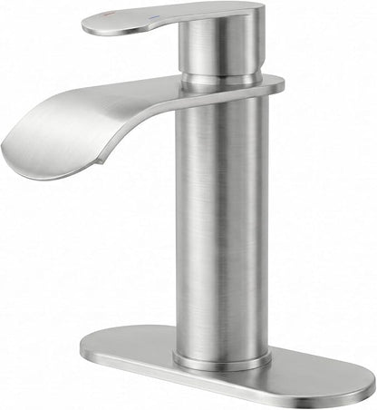 WOWOW Brushed Nickel Bathroom Faucet:Single Hole Waterfall Bathroom Faucets Sink with cUPC Supply Lines and Pop Up Drain,Modern Single Handle Bathroom Faucet 1 Hole for Countertop,Bathroom Sink Faucet