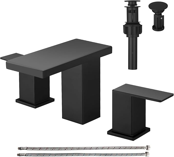 Hoimpro 8 Inch Widespread Waterfall Bathroom Sink Faucet, Square Two Handle Vanity Black Bathroom Faucet with cUPC Supply Hose, 3 Holes Faucet with Pop Up Drain, Stainless Steel, Matte Black