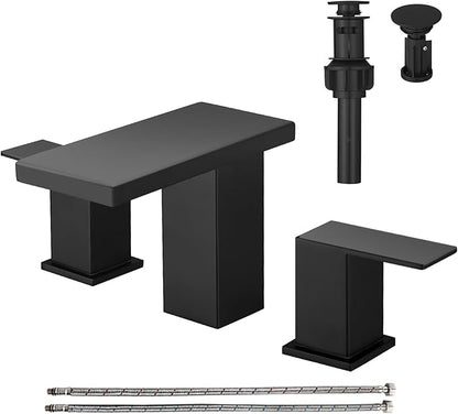 Hoimpro 8 Inch Widespread Waterfall Bathroom Sink Faucet, Square Two Handle Vanity Black Bathroom Faucet with cUPC Supply Hose, 3 Holes Faucet with Pop Up Drain, Stainless Steel, Matte Black