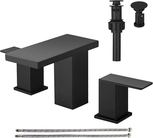 Hoimpro 8 Inch Widespread Waterfall Bathroom Sink Faucet, Square Two Handle Vanity Black Bathroom Faucet with cUPC Supply Hose, 3 Holes Faucet with Pop Up Drain, Stainless Steel, Matte Black