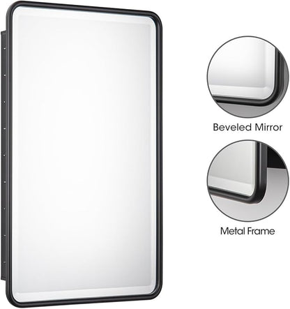 Black Bathroom Medicine Cabinet with Mirror 21 x 34 Metal Frame Recessed Or Wall Mounted Single Door Storage Medicine Cabinets with Adjustable Shelves Rounded Corner Beveled Mirrors