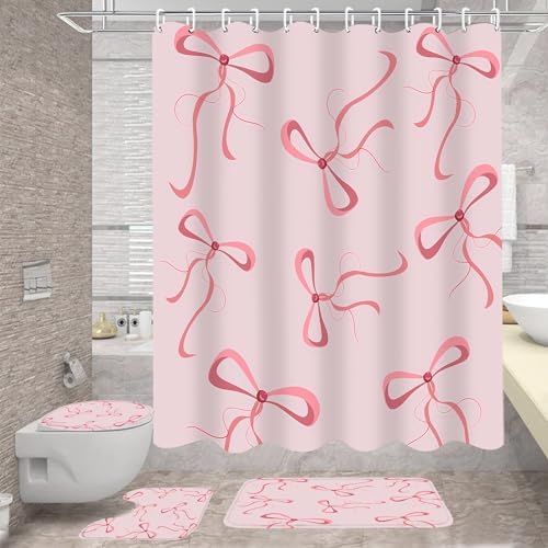 AZHM 4pcs Pink Bow Bathroom Shower Curtain Set with Rugs and Accessories