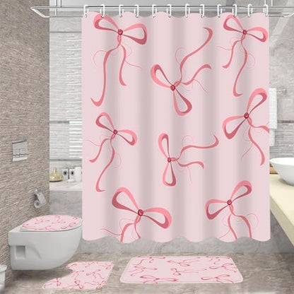 AZHM 4pcs Pink Bow Bathroom Shower Curtain Set with Rugs and Accessories