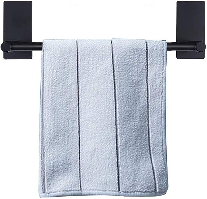 NearMoon Self Adhesive Bathroom Towel Bar- Stainless Steel Bath Wall Shelf Rack Hanging Towel Stick On Sticky Hanger Contemporary Style, NO Drilling (1 Pack, Matte Black, 9-Inch Towel Rack)