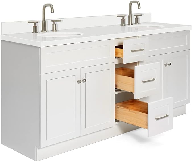 ARIEL Hamlet 72-inch Bathroom Vanity with Sink,Solid Wood, 1.5-inch Pure White Quartz Countertop & Backsplash, Double Oval Porcelain Sink, 4 Soft Closing Doors, 3 Dovetail Drawers, White
