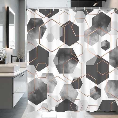 deFouliao Grey Modern Shower Curtain Geometric Grid Art Abstract Waterproof Bathroom Curtain for Bathtub Home Hotel Decor, Washable with Hooks, 48x72 Inch