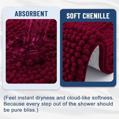 Grandaily Chenille Striped Bathroom Rugs 59x20, Extra Thick and Soft Absorbent Bath Mats, Rubber Backing, Plush Shaggy Shower Carpet, Machine Wash Dry, Bath Rug for Bathroom, Wine Red