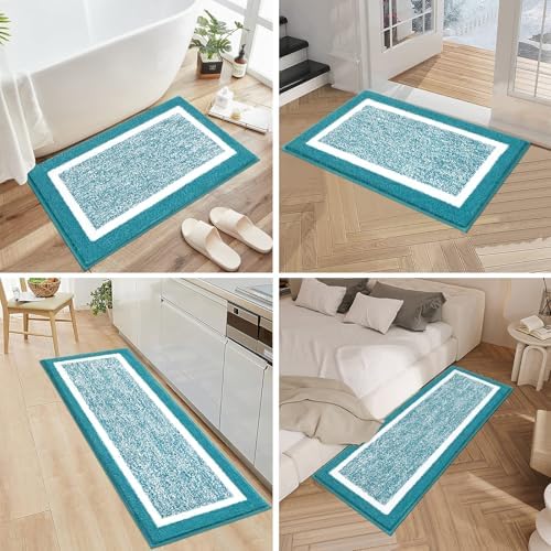 Pauwer Bathroom Rug Sets 3 Piece, Non Slip Washable Bath Mat, Aqua Blue