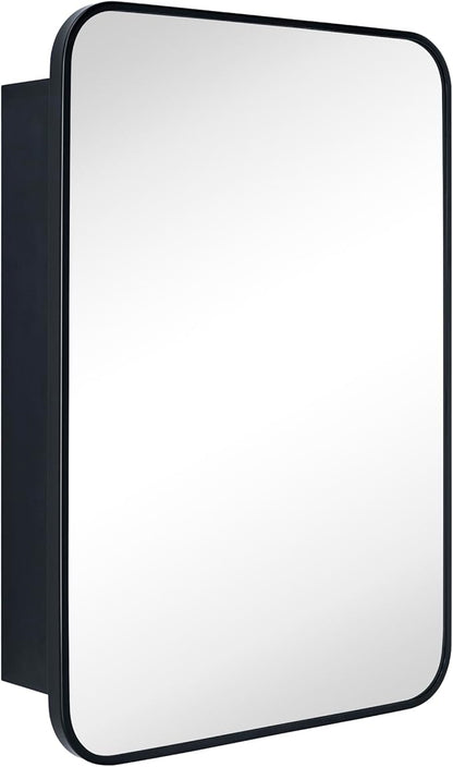 GRACTO 16.5x24 Black Recessed and Surface Mount Bathroom Medicine Cabinet with Mirror Matt Black Metal Framed Rounded Rectangle Medicine Cabinet