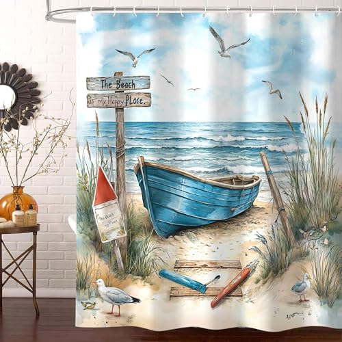 Nautical Coastal Shower Curtain for Bathroom, Ocean Beach Decor Bath Curtains, Blue Teal Seasides Sailboat Shower Curtain Set with Hook 72X72IN
