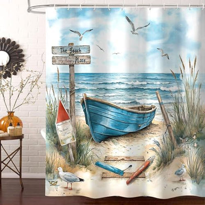 Nautical Coastal Shower Curtain for Bathroom, Ocean Beach Decor Bath Curtains, Blue Teal Seasides Sailboat Shower Curtain Set with Hook 72X72IN