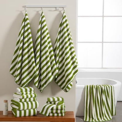 18 Pcs Green Stripe Bath Towel Set with Hanging Loop-6 Bath Towels,6 Hand Towels,6 Washcloths Soft Family Towels Set Bathroom Towel Highly Absorbent Quick Dry Shower Towel for Beach Spa Gym Hotel