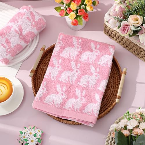 Whaline Easter Bunny Hand Towels Jacquard Cotton Bathroom Towel Pink White Rabbit Absorbent Bath Towel for Kitchen Dish Drying Cleaning Cooking, 29.5 x 13.4 Inch, 2Pcs