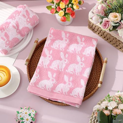 Whaline Easter Bunny Hand Towels Jacquard Cotton Bathroom Towel Pink White Rabbit Absorbent Bath Towel for Kitchen Dish Drying Cleaning Cooking, 29.5 x 13.4 Inch, 2Pcs