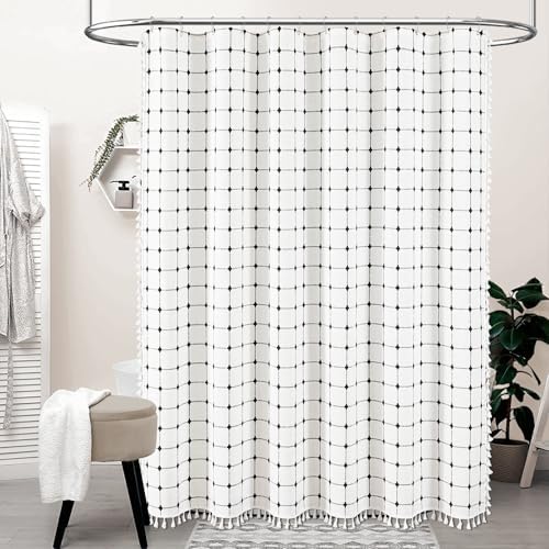 BTTN White and Black Boho Farmhouse Linen Heavy Duty Shower Curtain, 72x72