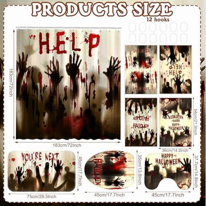 FuWeave 8 Pcs Halloween Bathroom Decor Ghost Shadow Shower Curtain Rug Set