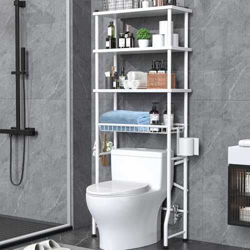 Over the Toilet Storage shelf, 4-Tier Bathroom Organizer Rack, Easy To Install with Adjustable Feet Pad and Basket Freestanding Bathroom Shelves Above Toilet, Space Saver Toilet Storage Cabinet(White)