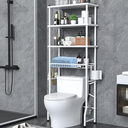 Over the Toilet Storage shelf, 4-Tier Bathroom Organizer Rack, Easy To Install with Adjustable Feet Pad and Basket Freestanding Bathroom Shelves Above Toilet, Space Saver Toilet Storage Cabinet(White)