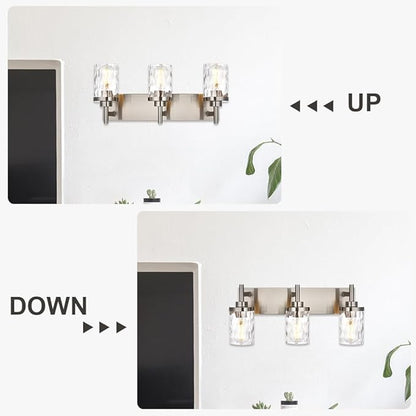 3 Light Bathroom Vanity Lighting Fixtures,Brushed Nickel VanityLighting with Clear Hammered Shade Wall Sconce Lighting Modern Farmhouse Bath Lighting