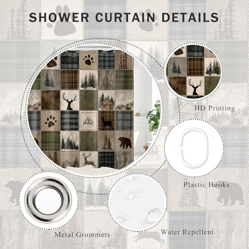 Rustic Cabin Forest Shower Curtain for Bathroom, Wild Animal Bear and Deer Brown Vintage Plaid Patchwork Shower Curtain Set Country Bathroom Decor Accessories with Hooks, 72W X 72L inches