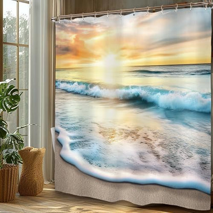 Miyotaa Coastal Sea Beach Shower Curtain Set 60Wx71H Inches Ocean Wave Summer Scenery Hawaii Landscape Sunrise Seaside Sunset Waterproof Bathroom Curtain with 12 Hooks