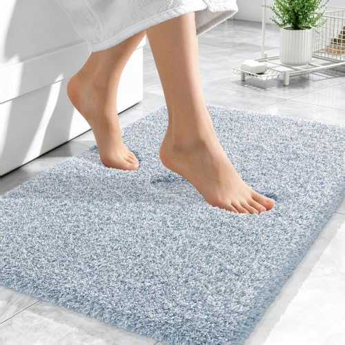 OLANLY Microfiber Bathroom Rugs 24x16, Quick Dry Mat, Airy Blue and White