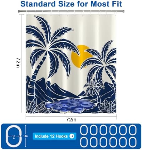 Tropical Bay Waterproof Shower Curtain with 12 Hooks, Navy Blue Palm Trees Shower Curtain Set for Bathroom, Metal Grommets & Weighted Bottom, Machine Washable Bath Curtain, 72x72 Inches