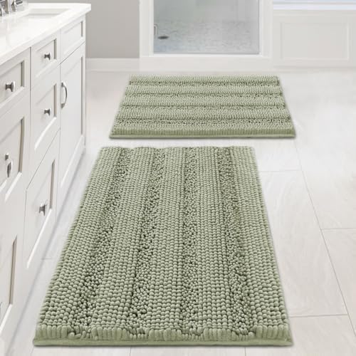 H.VERSAILTEX Bathroom Rug Sets 2 Piece Bath Mats Non Slip Thick Soft Chenille Striped Bath Rug achine Washable Shower Floor Rugs for Tub, Shower and Floor (Eucalyptus Green, 20" x 32"/17" x 24")
