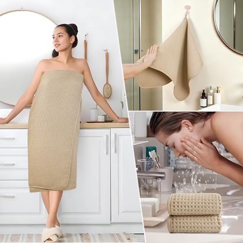 POLYTE 430 GSM Poly Blend Microfiber Quick Dry Waffle Bath Towel Set of 6
