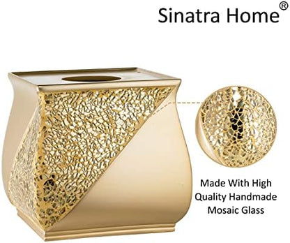 Zahari Home 2pc Sinatra Modern Bath Accessories Set Waste Basket & Tissue Box Champagne Gold Modern Decorative Beautiful Designs Bathroom Decor Set for Home Luxury Bath Set Mosaic Glass