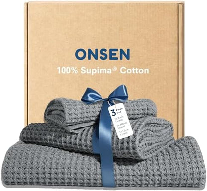 ONSEN Supima® Waffle Bath Towel Set, Quick Dry Lint Free 100% USA Cotton, Bath Hand and Face Towel Bundle, 3 Piece (Cinder Grey, Bath Towel Set)