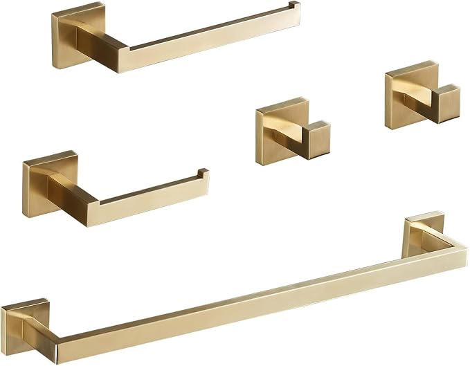 Bathroom Hardware Set 24-Inch Towel Bar,2pcs Towel Hook,Toilet Paper Holder,Hand Towel Holder Stainless Steel Brushed Gold Bathroom Accessories GTS3190BG | SUS304 Stainless Steel,finished by Brushed Gold