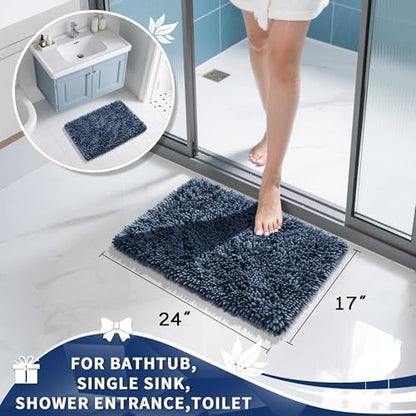 Yimobra Chenille Bathroom Rugs Non Slip, Extra Thick Soft Absorbent Bath Rug, Machine Washable Quick Dry Bath Mat for Bathroom Floor, Tub and Shower, Home Decor Accessories, 24x17, Light Blue