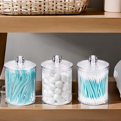 WEISHI 4 Pack Qtip Holder Dispenser - Cotton Ball, Swab, Round Pads, Floss , Small Clear Plastic Apothecary Jar Containers with Lids for Bathroom Storage and Organization, Vanity Organizer