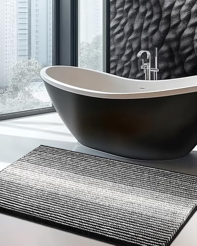 BSICPRO Large Chenille Bathroom Rugs, 24x43 Striped Bath Mats, Black